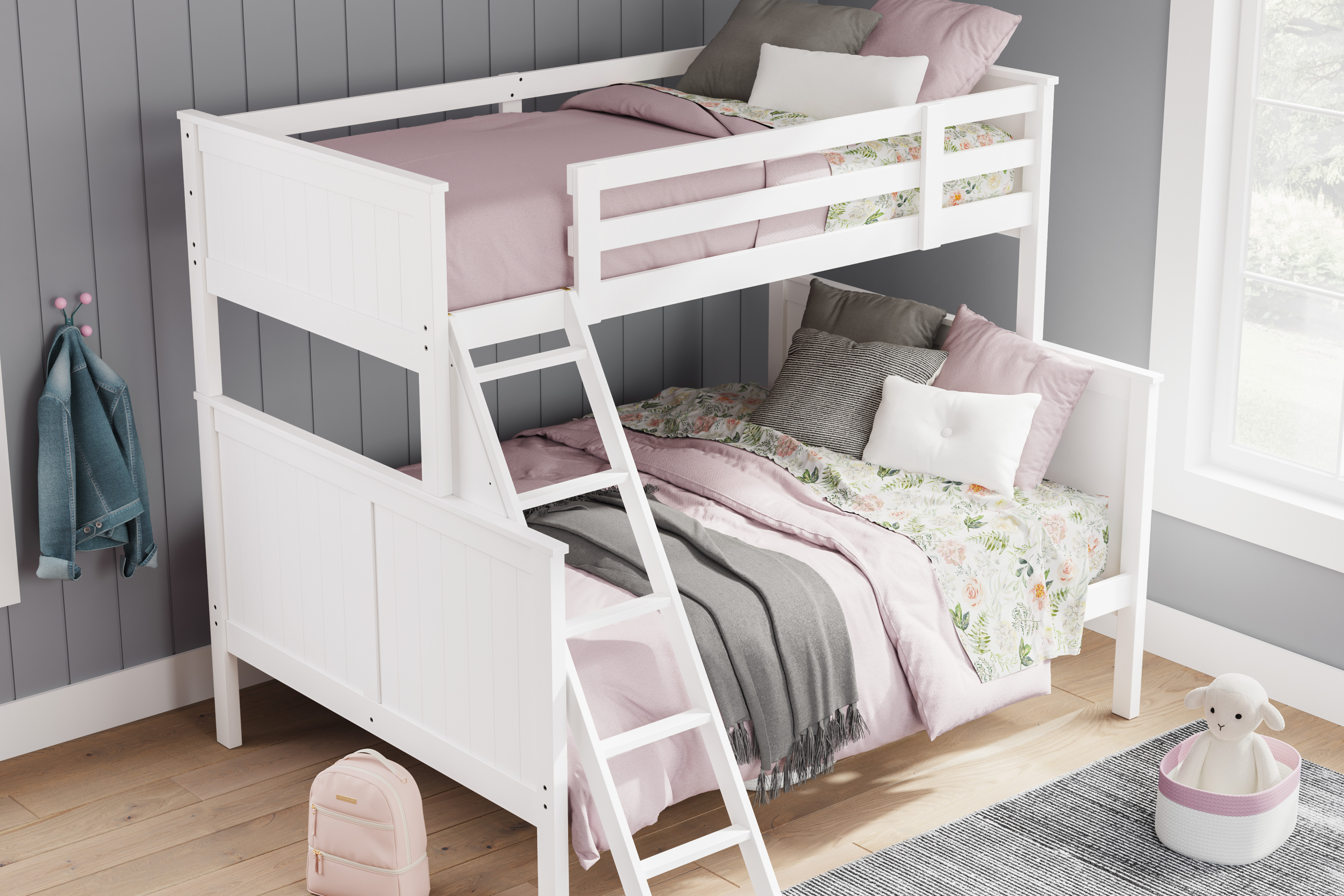 White twin over full bunk bed.
